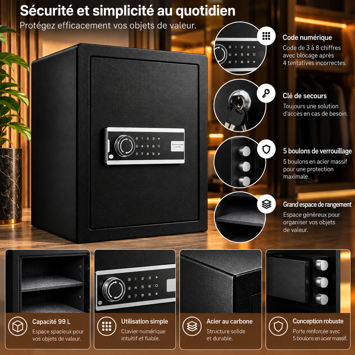 Coffre-fort biométrique double compartiment